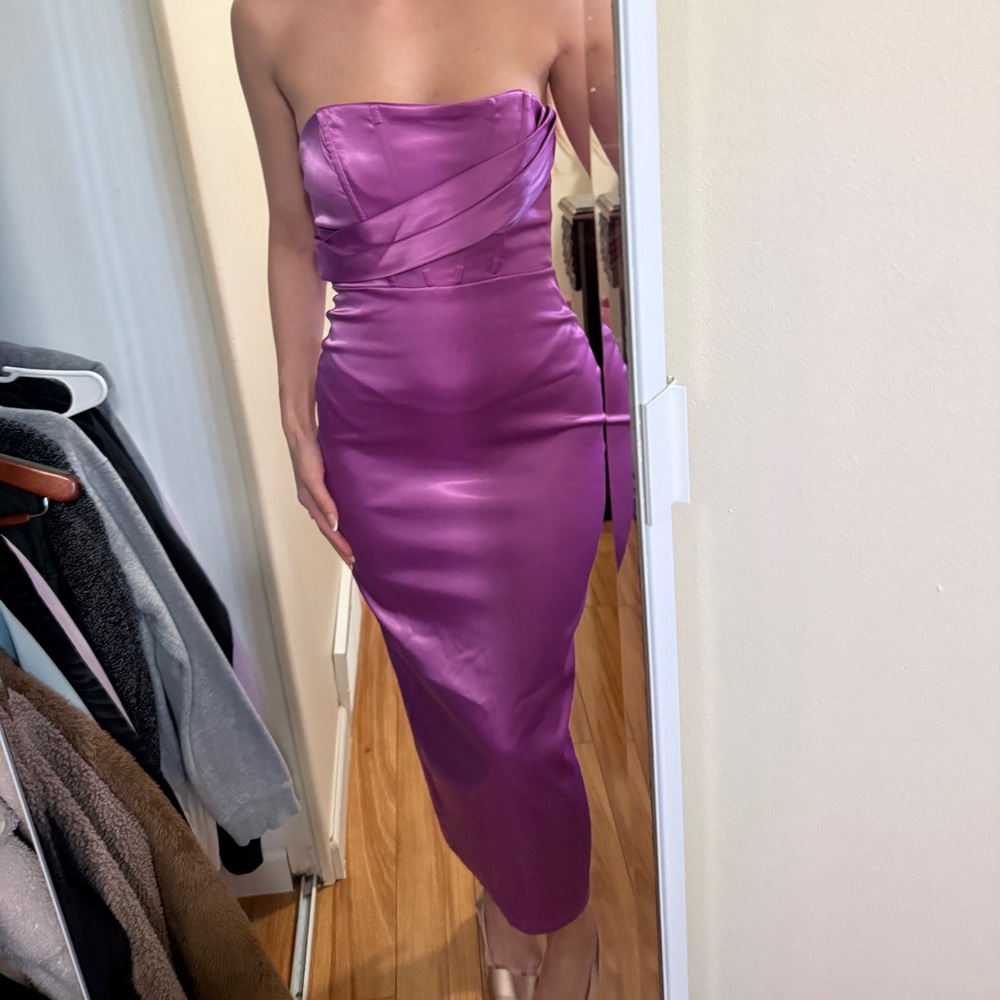Still Mine Strapless Satin Midi Dress Purple SIZE SMALL